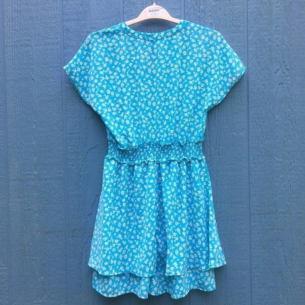 Sienna Sky Women White Small Floral Aqua Blue Mini Dress Medium - Picture 2 of 5